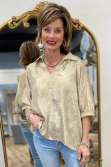 Clearly Aqua Collared V Neck Half Sleeve Metallic Top