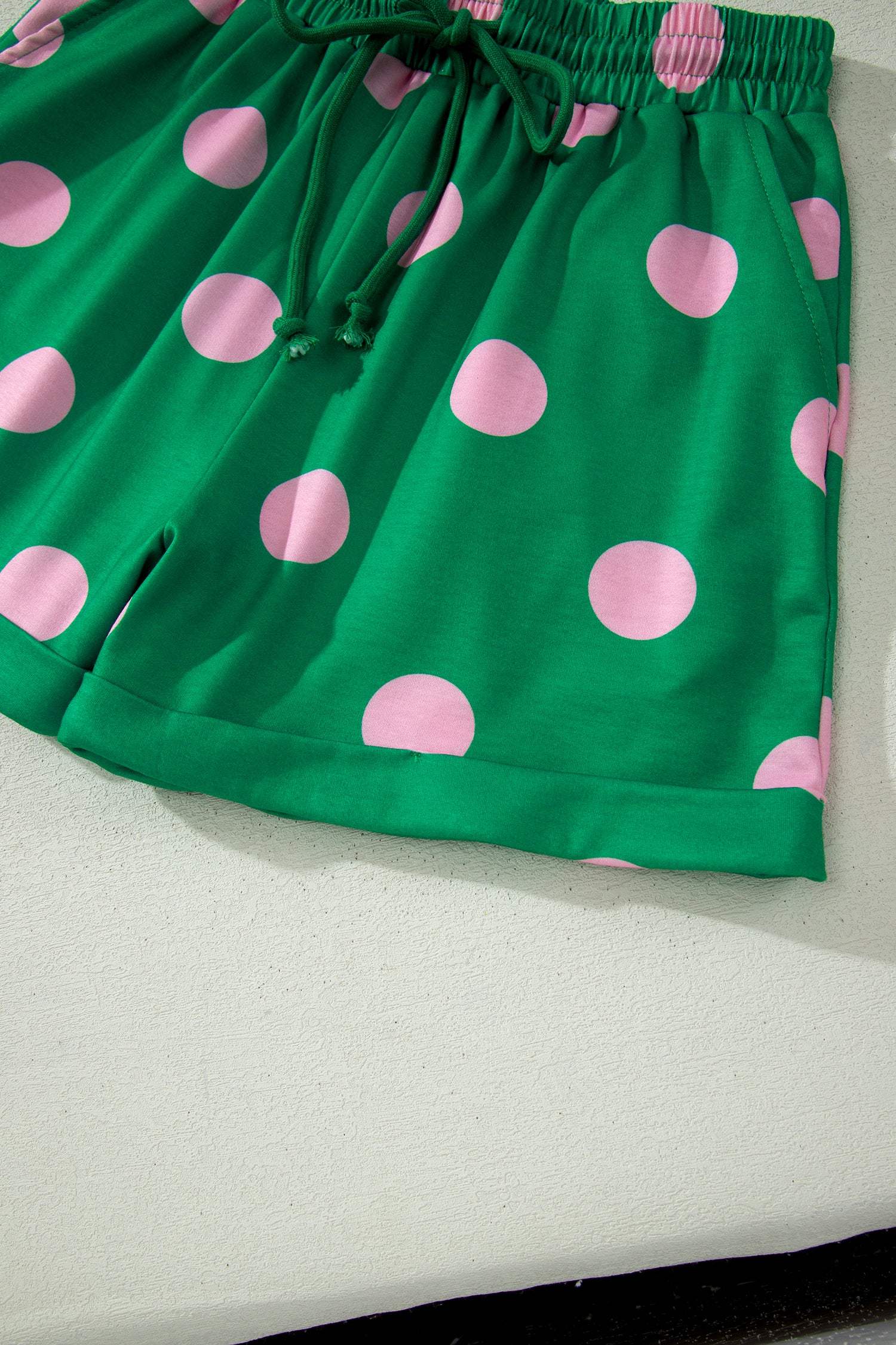 Green Polka Dot Print V Neck Tee Short Set