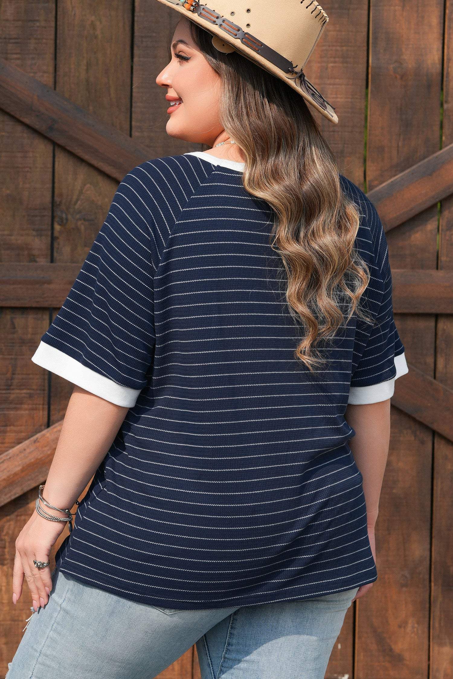 Blue Stripe Contrast Trim Plus Size Ribbed T Shirt