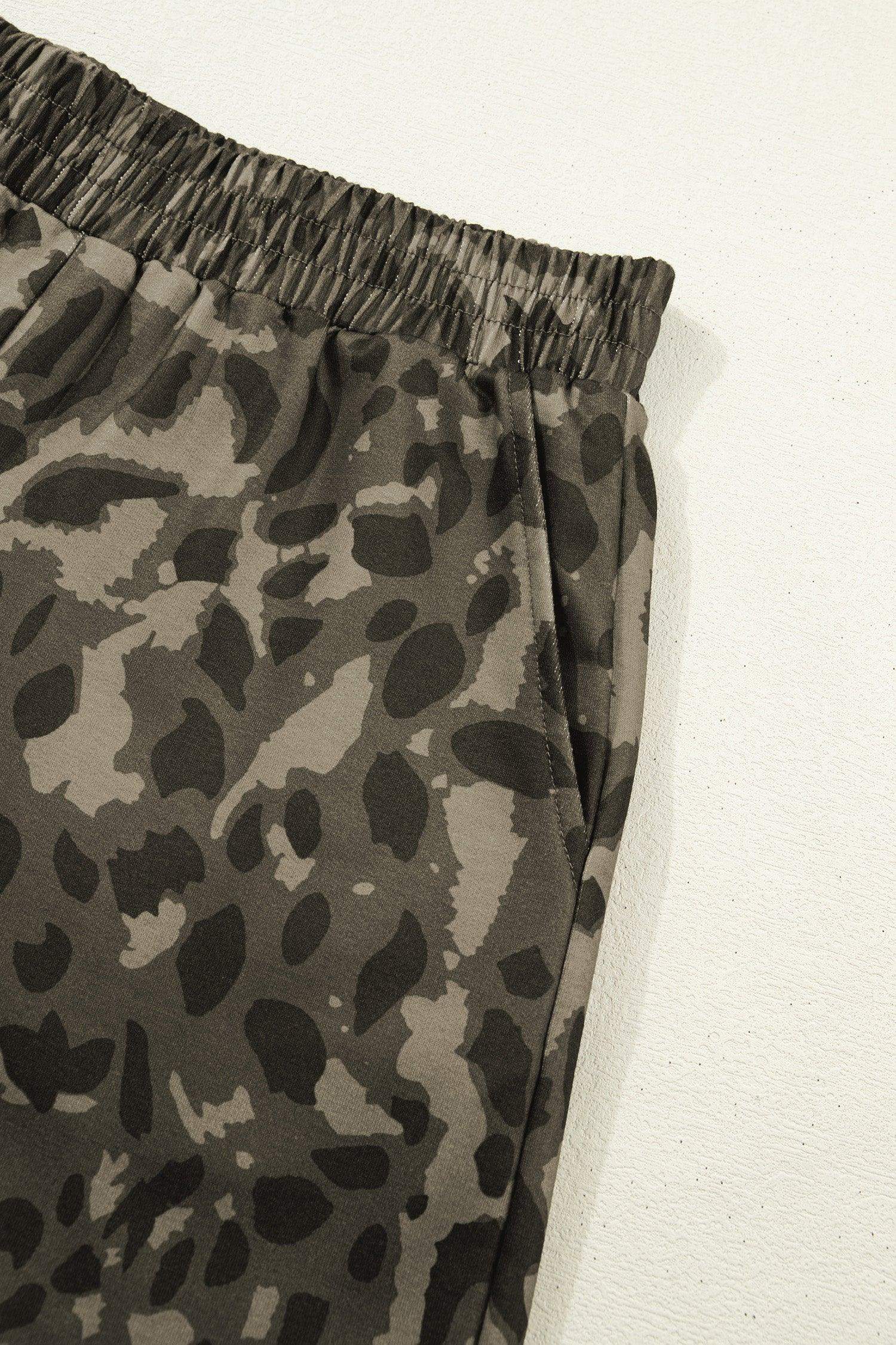 Brown Leopard Print Crew Neck Short Set